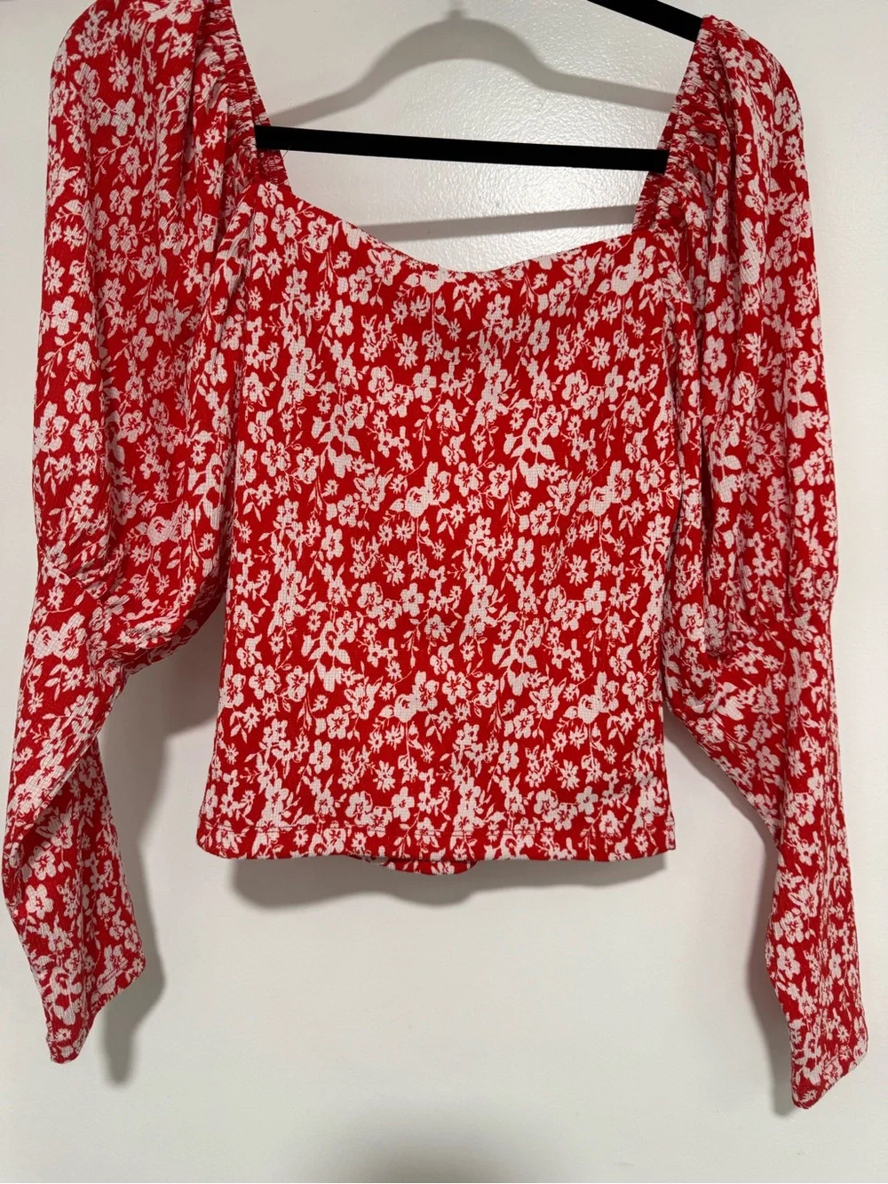 Anthropologie Red White Floral Square-Neck Puff Sleeve Blouse